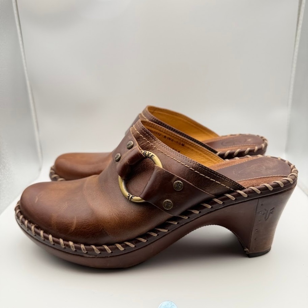 Frye Charlotte Ring Harness Clogs Womens Sz 10 Brown Leather Slip On Whip Stitch - Picture 7 of 12